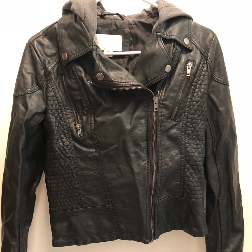 Black faux leather jacket with grey cotton hood